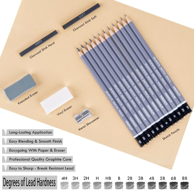 HNIHUY Professional Sketch Pencils Set, 17 Pcs, Graphite Pencils (8B-4H), Erasers and Sharpener, Art Drawing Pencil for Artists Beginner Sketching - Image 3