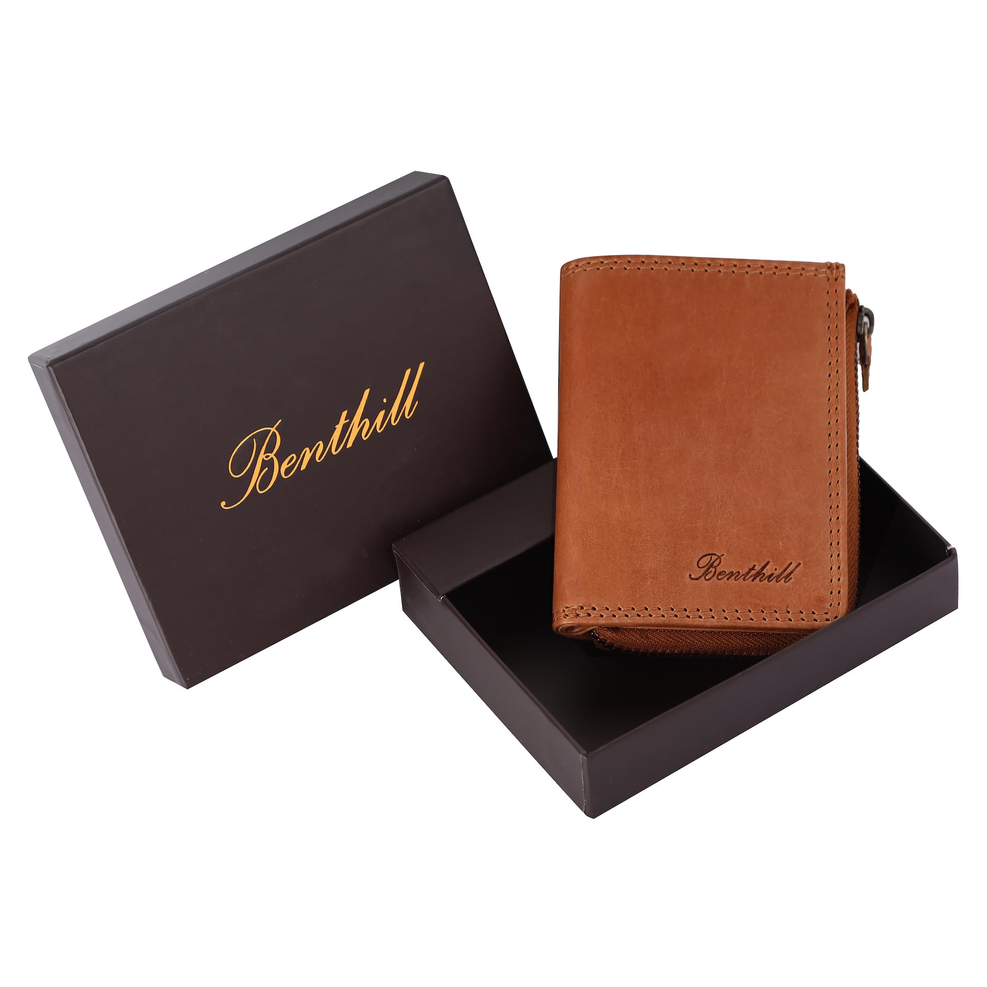 Benthill Kleine Geldbörse Echt Leder | Damen & Herren Geldbeutel mit RFID Schutz | 7 Kartenfächer | Slim-Wallet inkl. Geschenkbox, Farbe:Braun