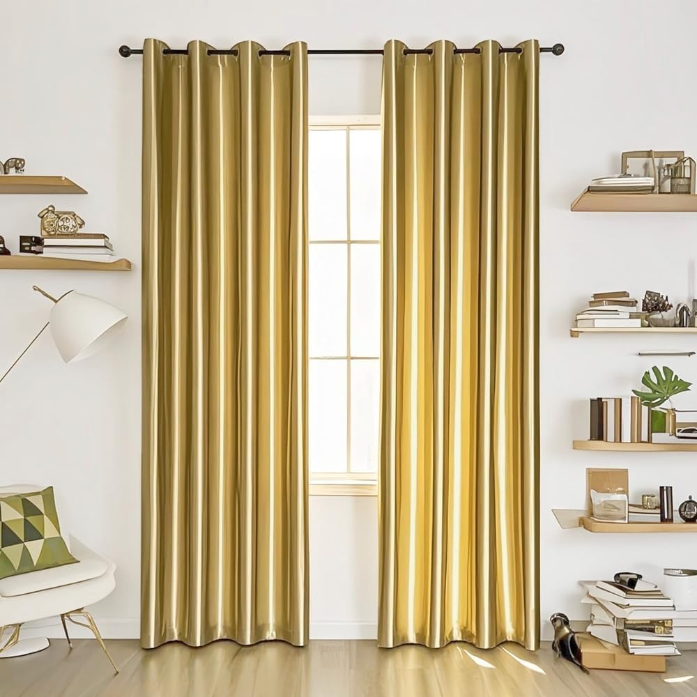 1 Pair Semi-Blackout Gold Curtains for Living Room Bedroom Grommet Top Golden Curtains for Windows (Shiny Gold, 2 x 52 x 84 Inch)