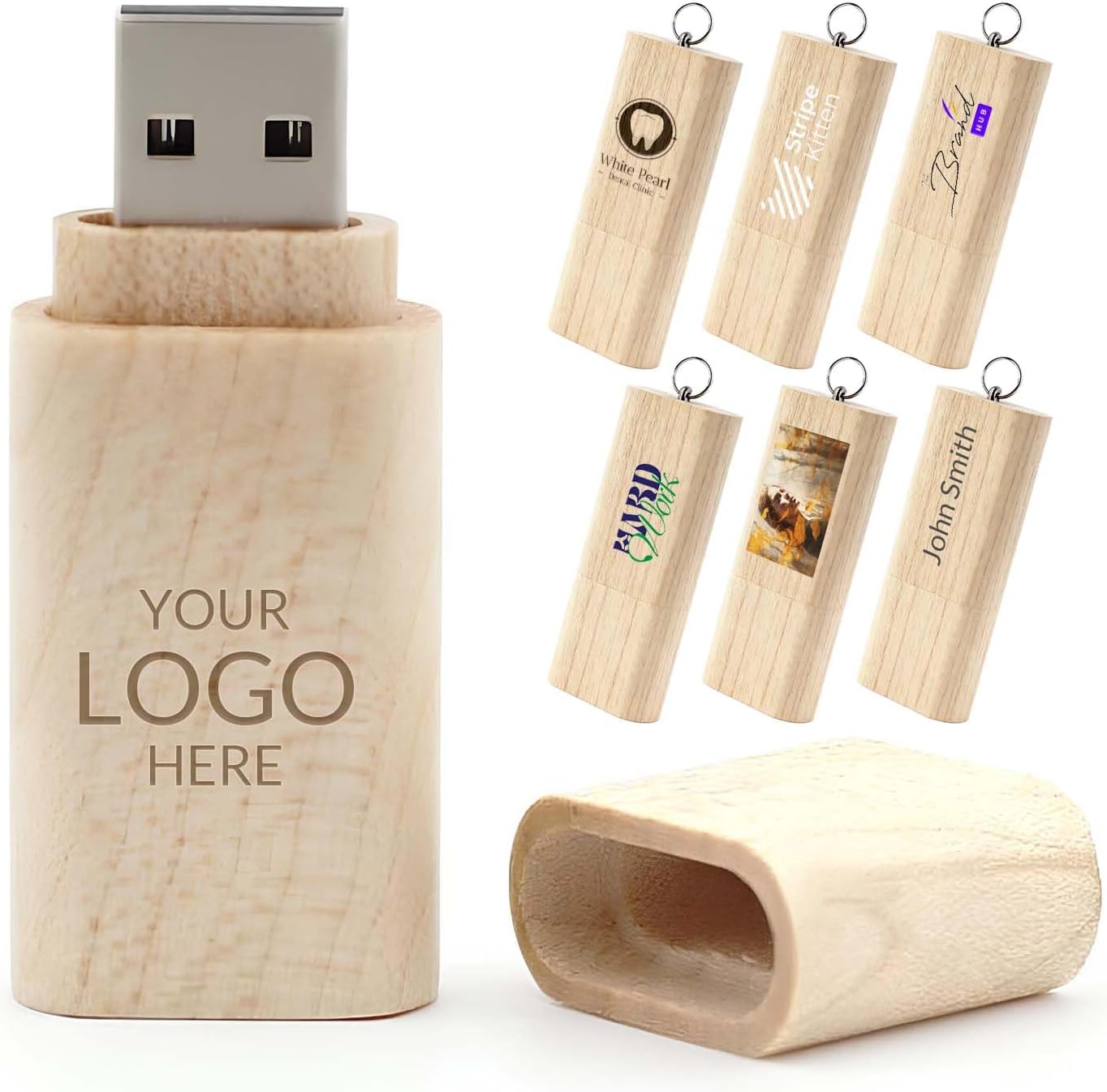 Custom Wood USB Flash Drive 64GB 500 Pack,Natural Wooden Customizable Thumb Drives with Keychain,Logo Engraving Included, Personalized Wooden Memory Sticks for Branding