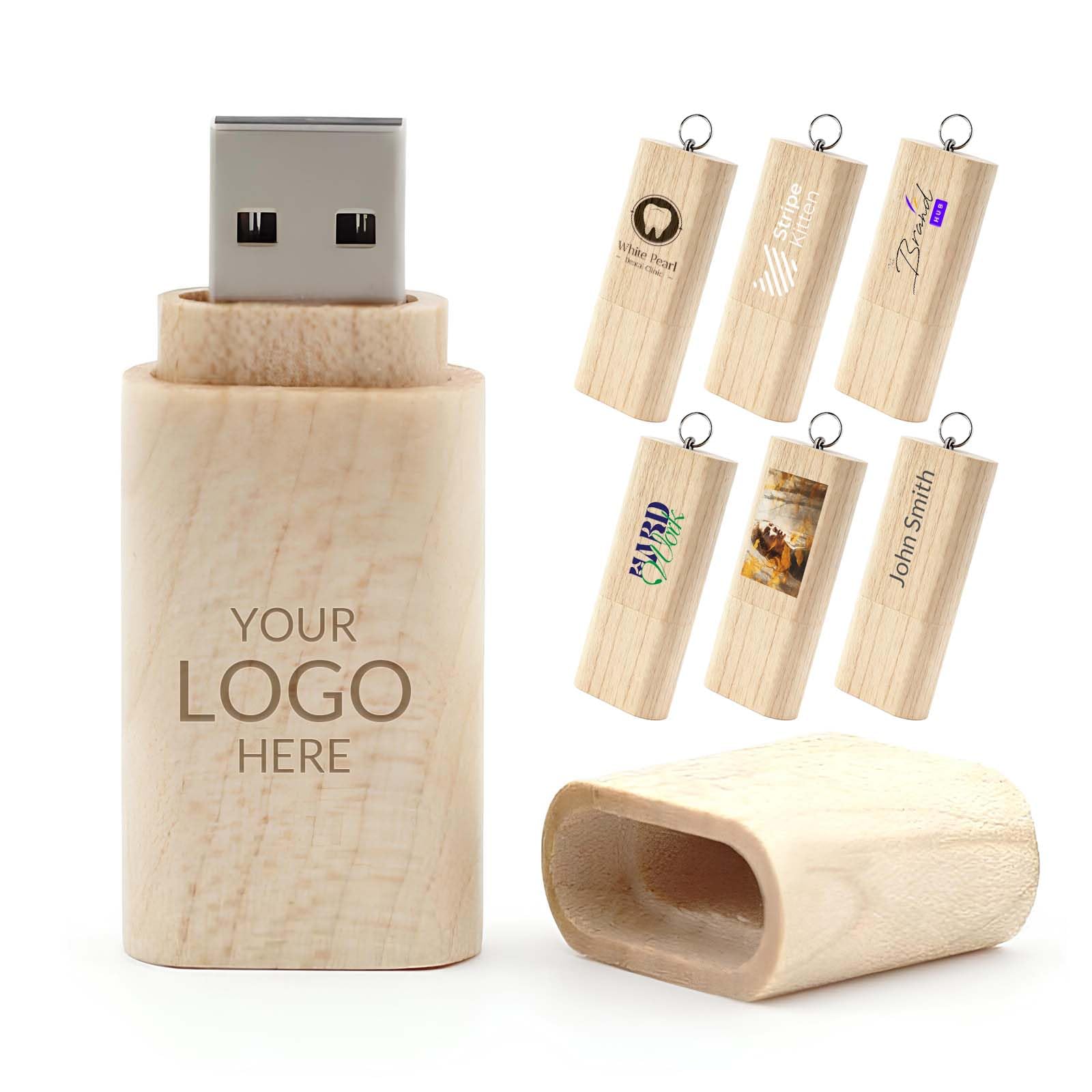 Niestandardowa drewniana pamięć USB 32 GB, 10 sztuk, naturalne drewniane konfigurowalne pendrive'y z brelokiem, grawerowanie logo w zestawie, spersonalizowane drewniane patyczki pamięci do brandingu