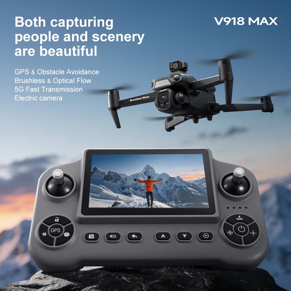 Drone GPS con fotocamera 2K HD, telecomando display 5,1", quadricottero FPV pieghevole per principianti, posizionamento ottico, ritorno con un tasto, evitazione ostacoli, 2 batterie, scheda SD