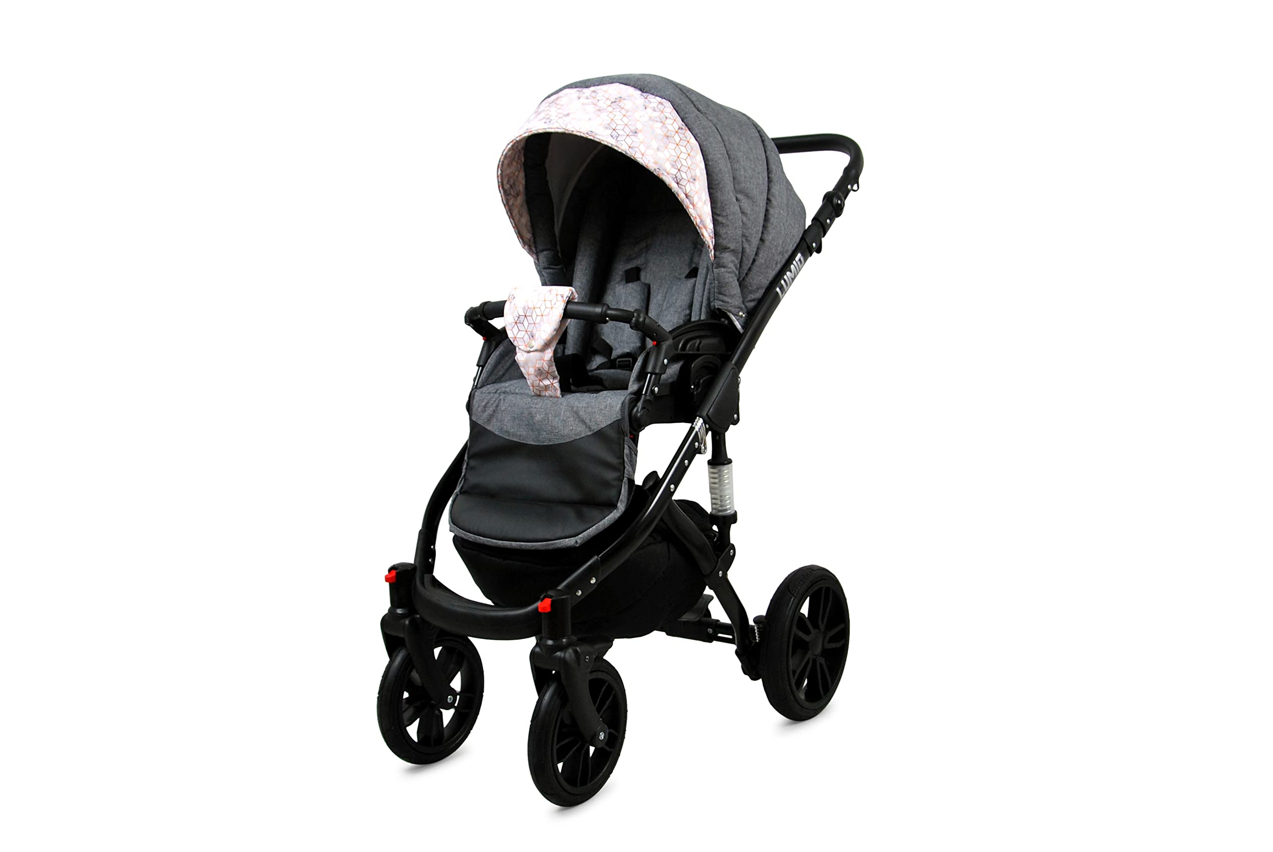 BabyLux Lumio 3 w 1 System Podróżny dla Dziecka | Wóżek + Spacerówka + Fotel Samochodowy z Akcesoriami, Folia Przeciwdeszczowa, Skrętne Koła Żelowe | Lniana Czarna Rama