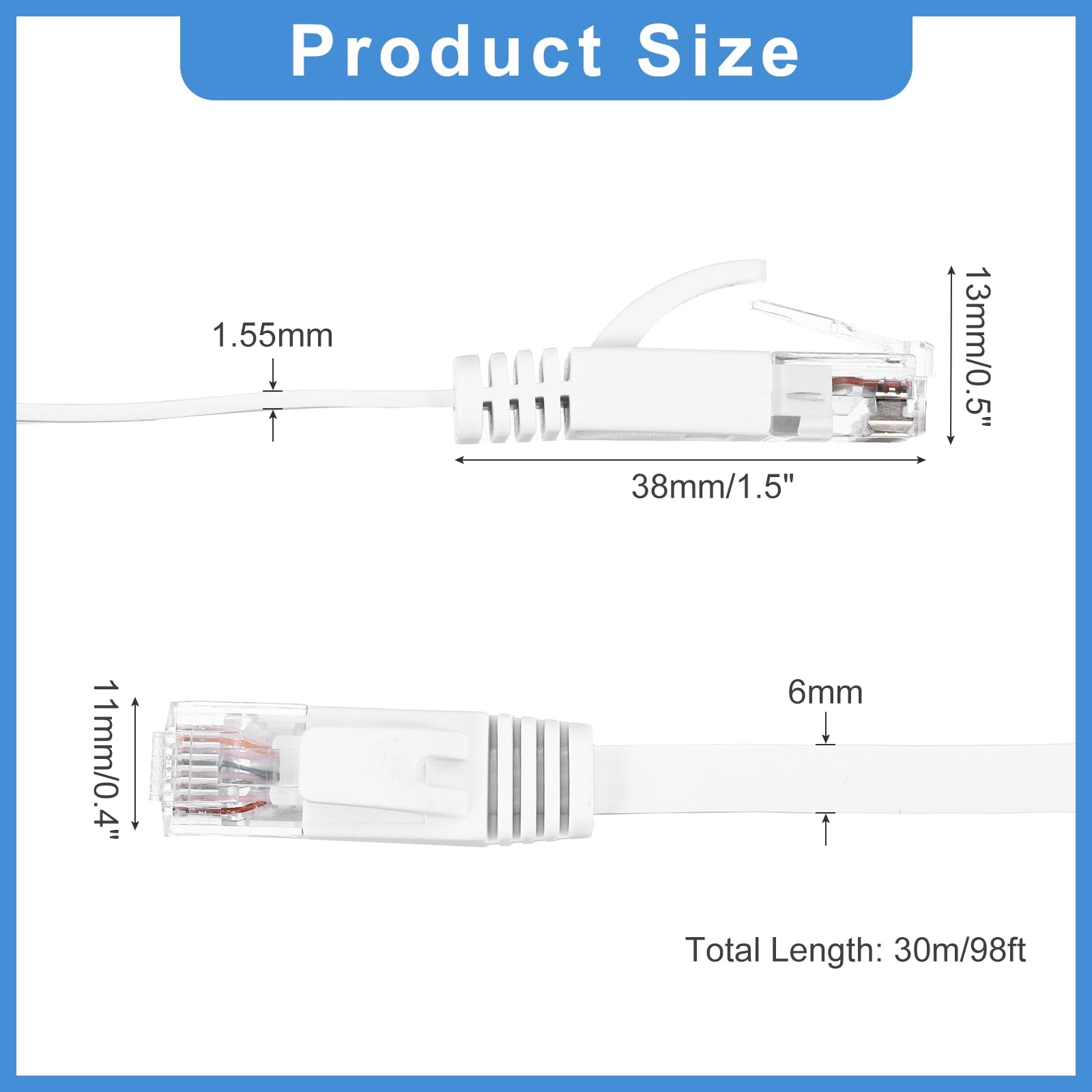 MECCANIXITY Câble Ethernet Cat 6 de 29,9 m, 32 AWG, 250 MHz, cordon de raccordement plat haut débit pour réseau Internet RJ45 Cat6 avec clips pour ordinateur, jeux, routeur, modem, blanc