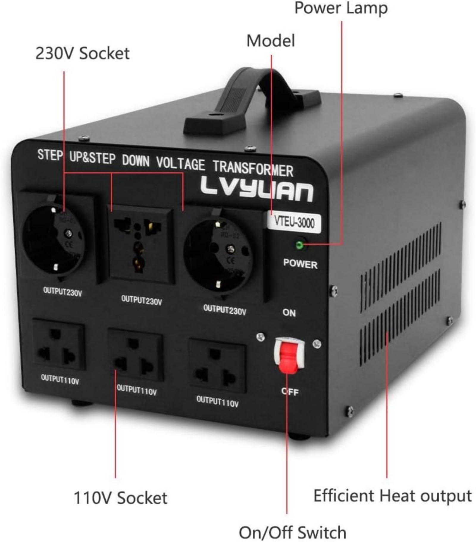 Cantonape 3 000 W Transformateur élévateur/réducteur de tension de 3000 W Convertisseur d'énergie de 220 V - 220 V/110 V, stabilisateur de tension automatique 3000 W