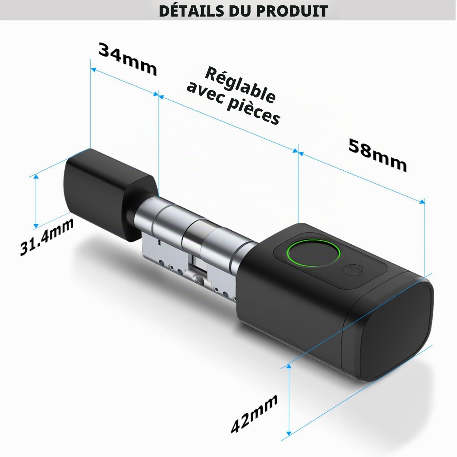 Serrure de porte, avec empreinte digitale, 5 en 1, intelligente, avec code numérique RFID, application pour ouvre-porte électronique, serrure de porte d'entrée, cylindre de serrure réglable, 60 à 90