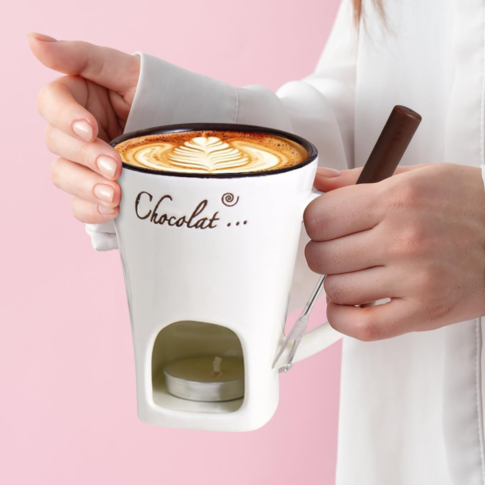 Tasse à fondue au chocolat en porcelaine de 200 ml avec fourchettes, ensemble de chauffe-beurre en céramique, tasse chauffante en céramique pour bonbons, collation, caramel (blanc cassé)