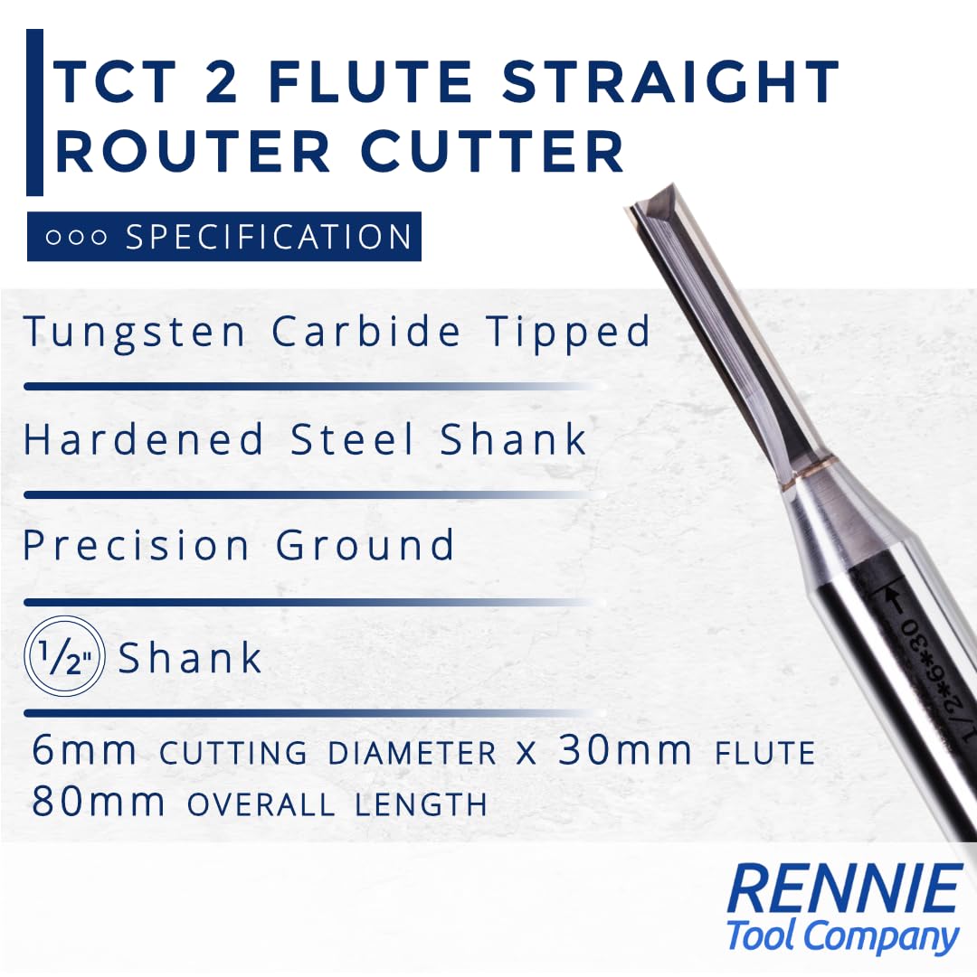 Rennie Tools - 6mm Cutting Diameter x 30mm Flute x 1/2" Shank TCT Tipped 2 Flute Straight Router Cutter Bit. Compatible With Makita Trend Festool Hikoki Dewalt Router Etc. 6mm Router Bit - Image 3