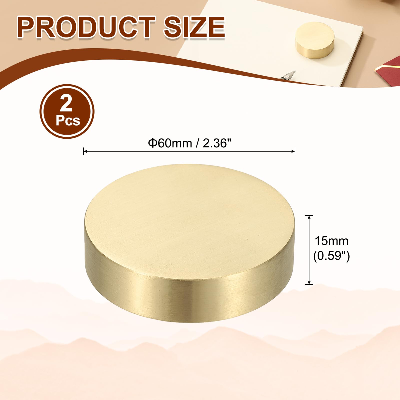 PATIKIL 2 Pcs Chinese Calligraphy Paper Weight, 60mm Round Brass Paperweight Holding Paper Flat for Painting Writing Ink Drawing Desktop Home Office Decoration, Gold Tone - Image 2