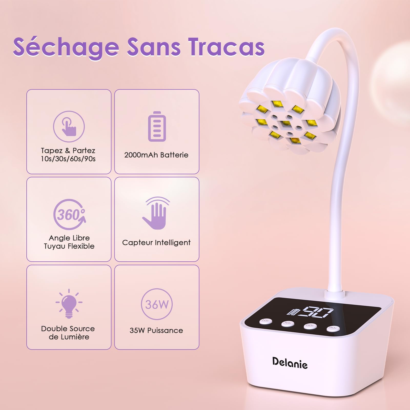Delanie 35W Lampe UV Ongles Gel avec Capteur Automatique Intelligent & Écran LCD, Séchage Rapide 4 Minuterie de 10s/30s/60s/90s, Design Col de Cygne Flexible pour Manucure à Domicile et en Salon