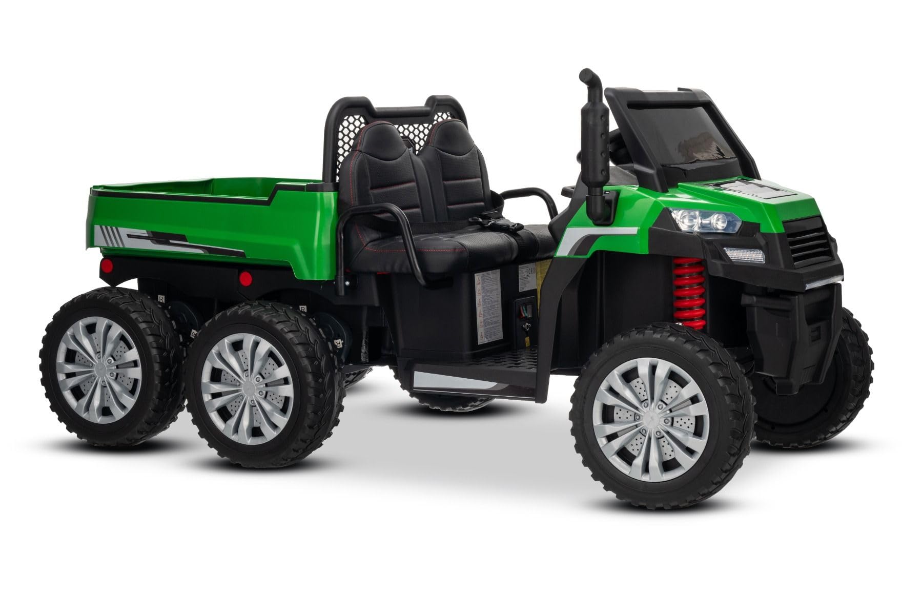 Voiture électrique Enfants 24V 2 Places 4x4 agricole Rider avec Transmission intégrale 4X 200W, Verte, Batterie Lithium, 6X6 Roues EVA, siège Double en Similicuir, essieux avec Suspension, Bluetooth