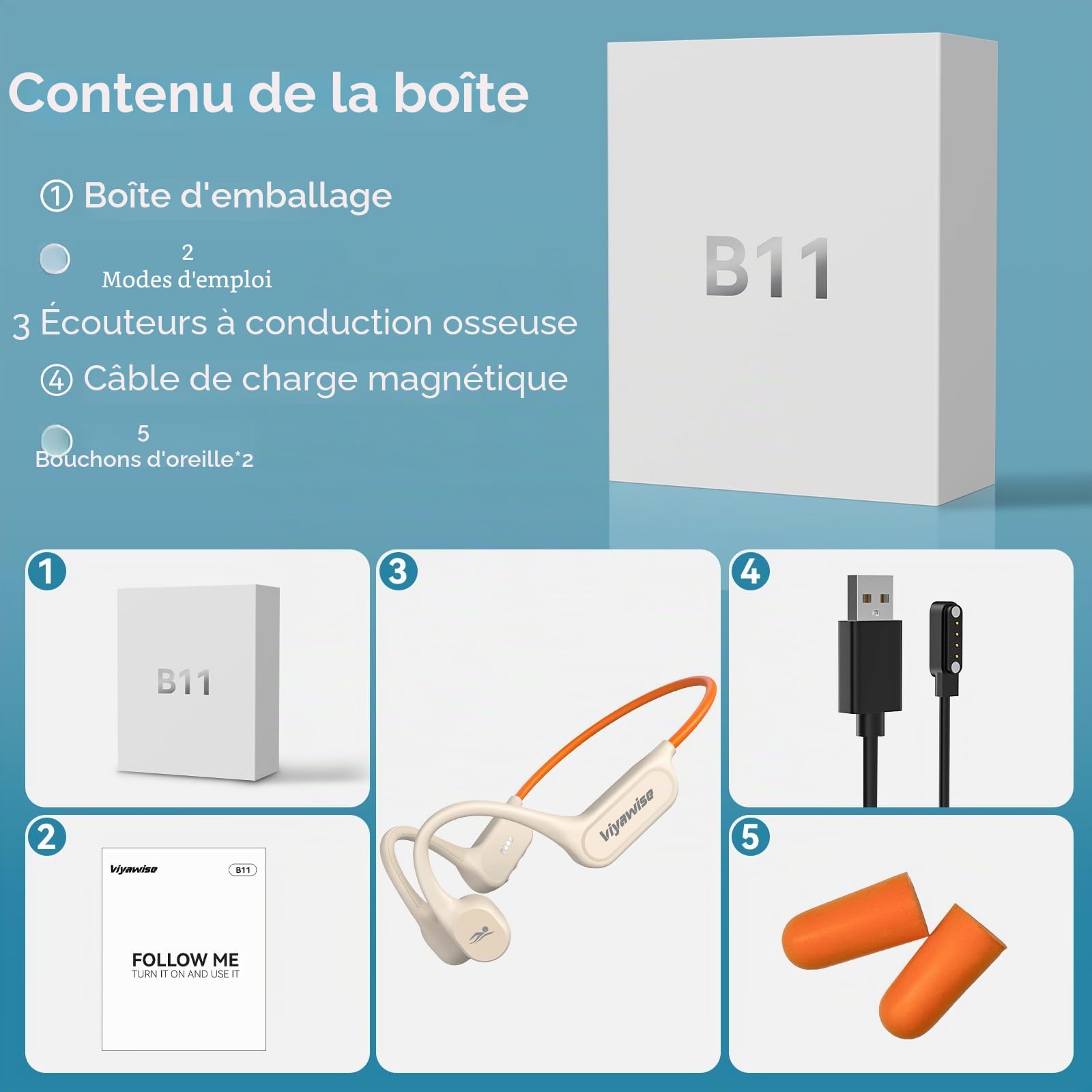 Belife B11?couteurs ? conduction osseuse, ?couteurs ?tanches IP68 pour la natation, 32 Go et Bluetooth 6.0 ?couteurs sous-marins sans fil ? oreilles d?couvertes avec micro pour le sport (Orange)