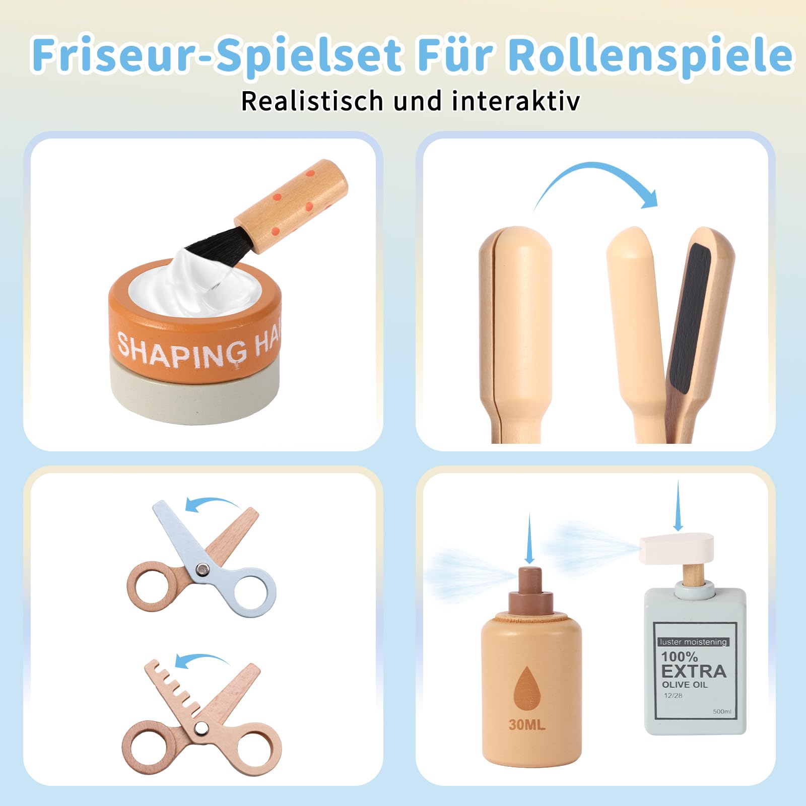 FIIOEOY Holz Friseur Set Kinder, Frisör Spielzeug mit Haartrockner, Lockenstab, Kamm & Rasierzubehör, Friseur Zubehör Rollenspiel Holzspielzeug Geschenk für Mädchen Jungen ab 3 4 5 Jahre