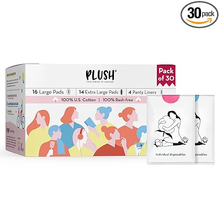 Plush Ultra-Thin Sanitary Pads For Women, 30 Cotton Sanitary Napkins | 14 Medium Flow XL + 16 Light Flow L + 4 Panty Liners For Rash Free Periods | Pure U.S. Cotton Pads With Disposable Pouch
