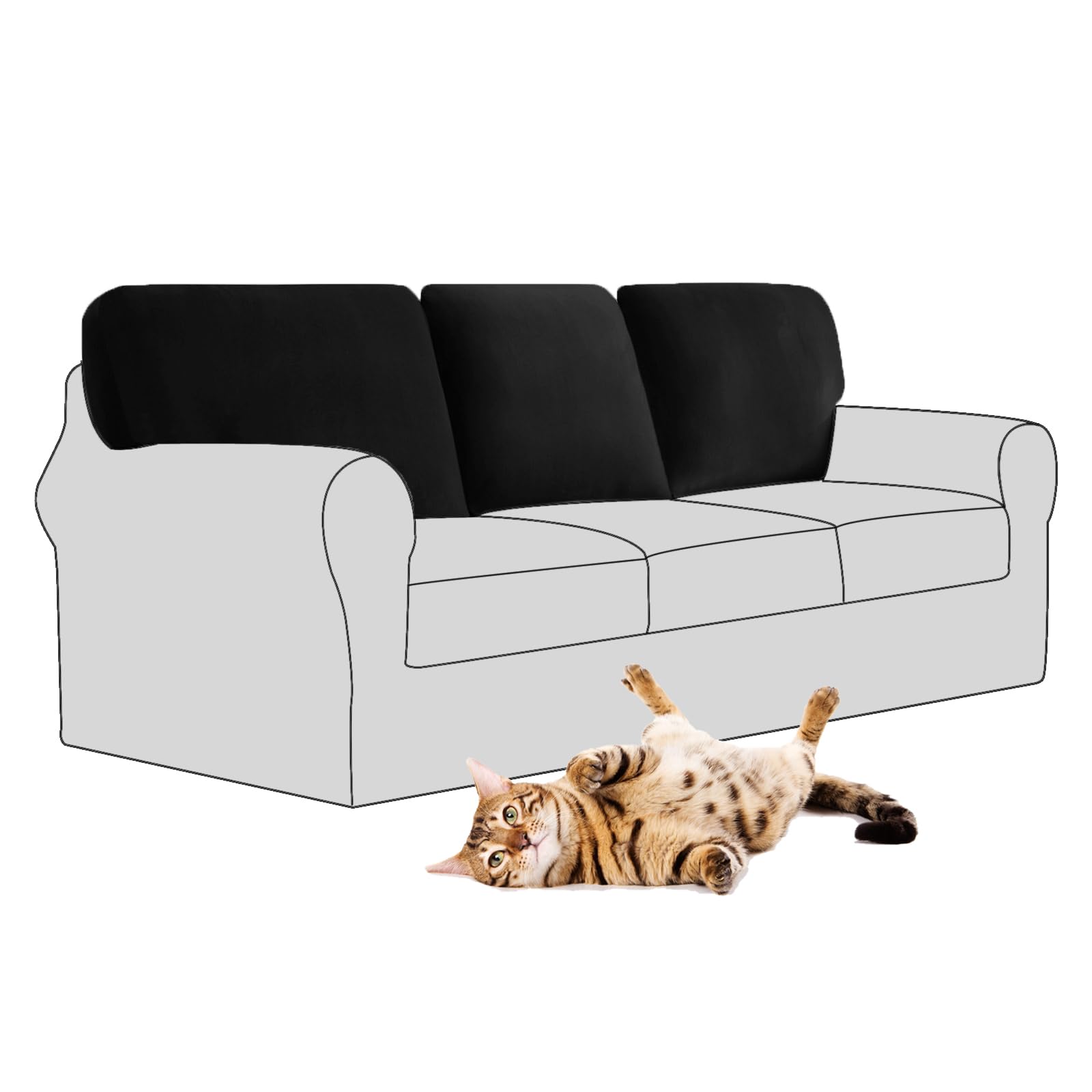 SYLC Stretch Velvet Sofa Backrest Cover, Back Cushion Covers Non-Slip Sofa Cushion Slipcovers for Couch Chesterfield Caravan RV Dinette (Black,3 pcs Rectangle L) โ image 1