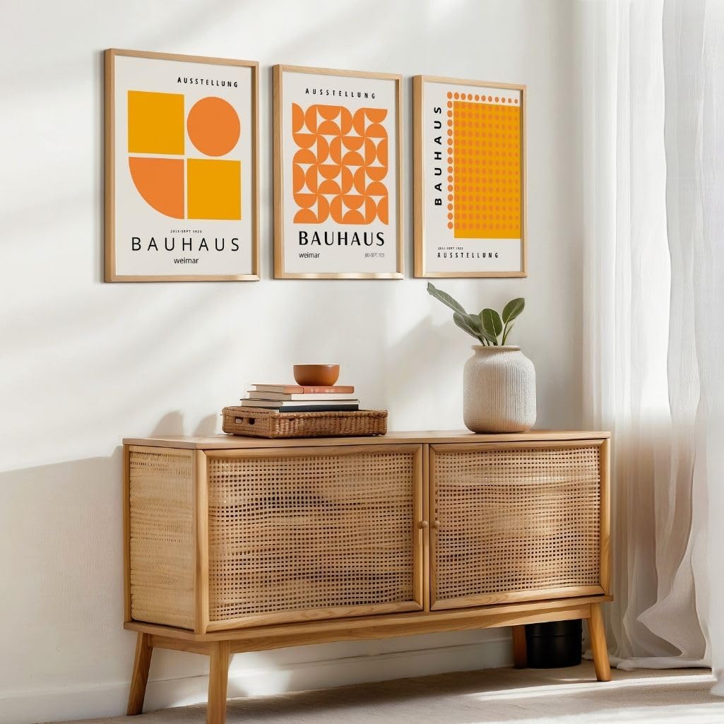 ARTINSPIRIO Bauhaus Wandbilder Set, 3-teilig, Orange und Gelb, Geometrisches Design, Ausstellung Weimar, Ohne Rahmen (A2)