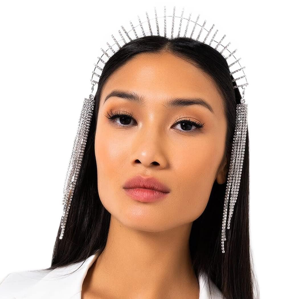 IYOU Mary Halo Crown Headband Gold Sparkly Rhinestone Goddess Headpiece Tassel Wedding Party Costume Hair Tiara Headwear for Women(Silver)