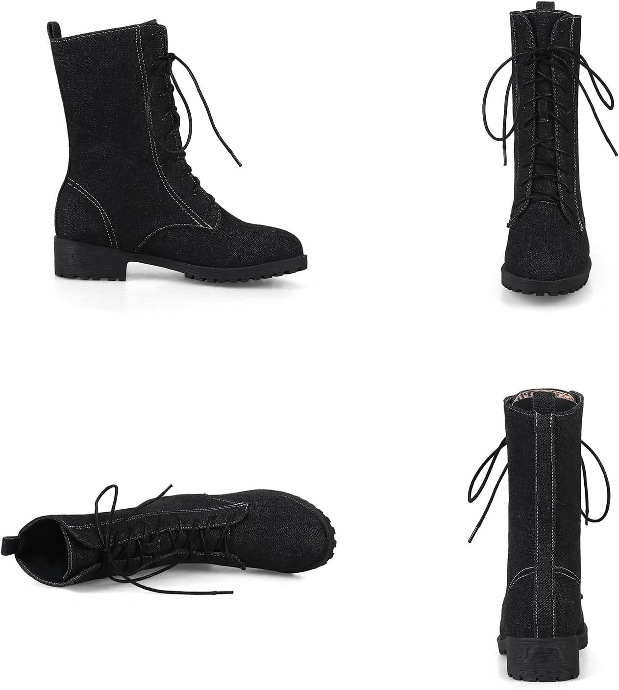 Optigard Women's Lace-up Denim Ankle Boots,Plush Round Toe Causal Non-slip Low Heel Mid-Calf Dress Boots