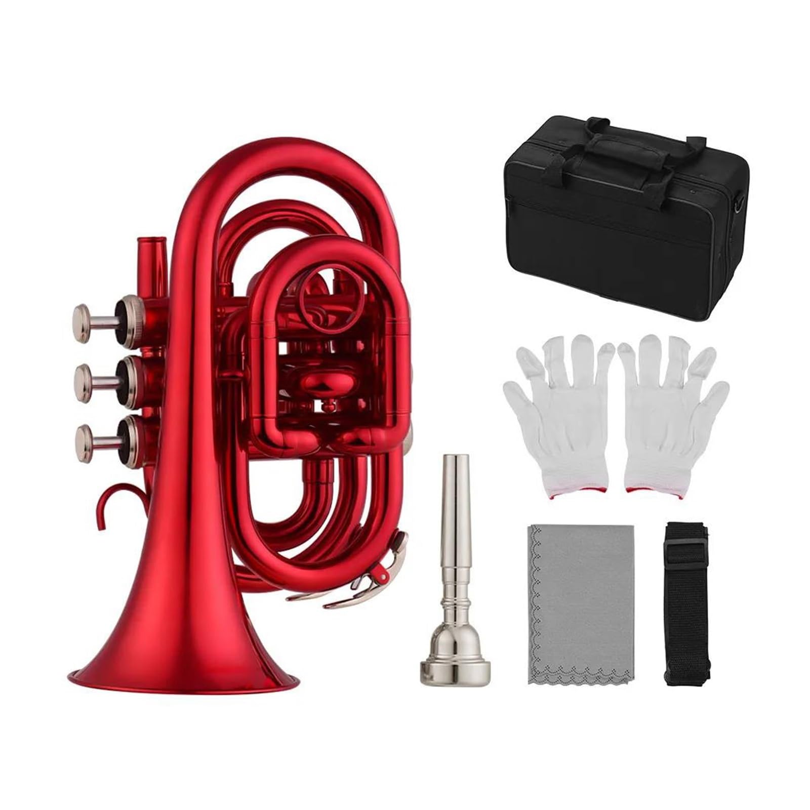 trąbka instrument Trąbka Kieszonkowa Bb, Płaski Instrument Dęty Z Mosiądzu Z Ustnikiem, Futerał Do Przenoszenia Akcesoriów (Color : Crimson)