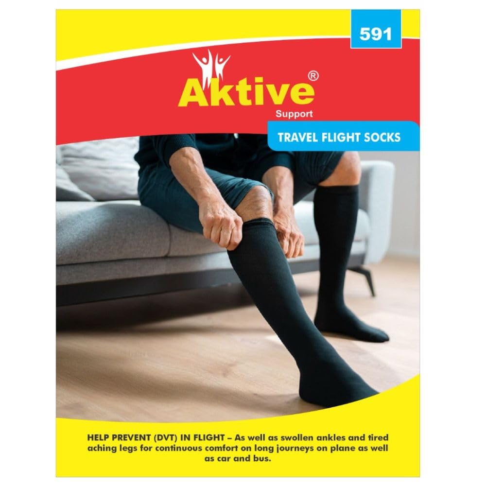 Aktive Support Medical Grade Travel Flight Socks | Graduated Compression 18-21 mmHg at Ankle | Relieves Tired and Aching Legs, Pain and Swellings (LARGE)