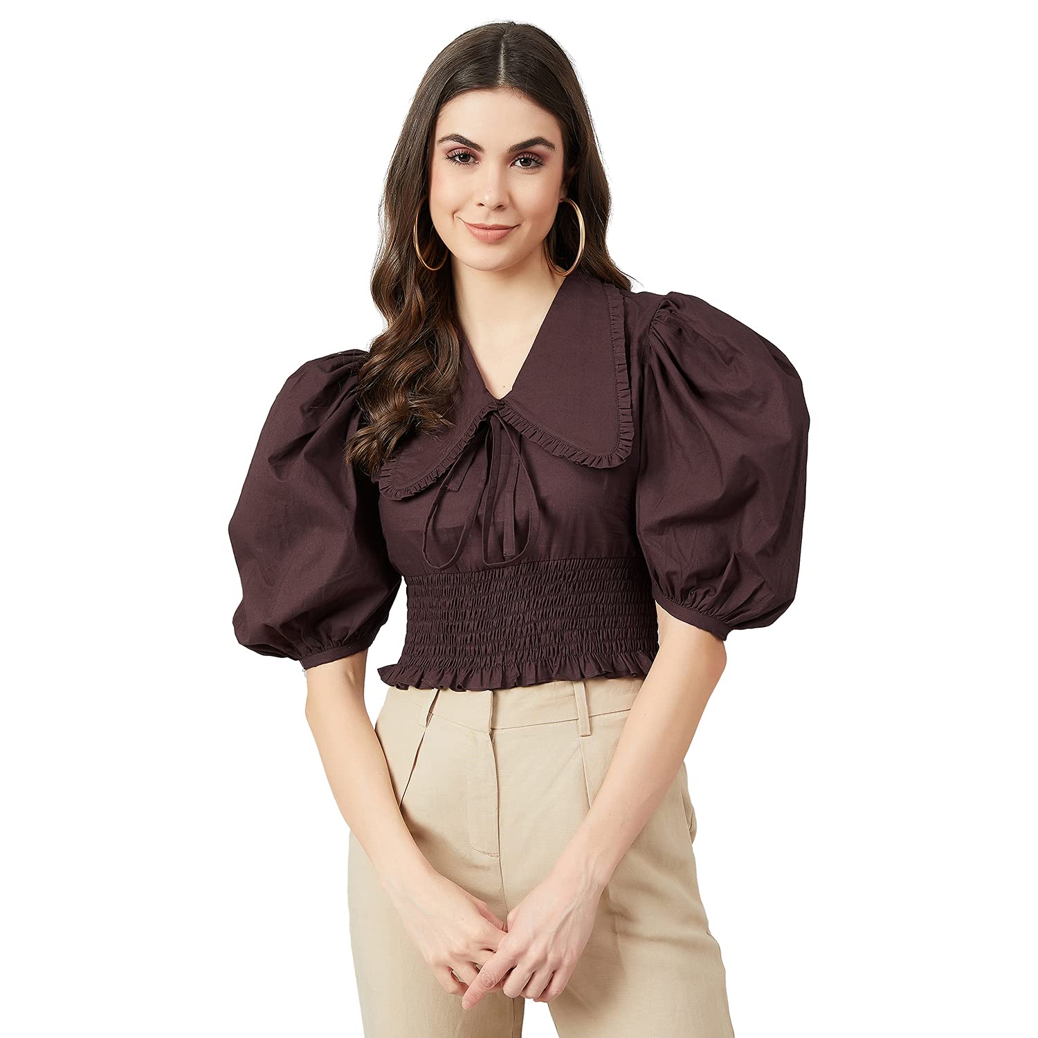 Brown Cotton top with Puff Sleeves and Collar Detail