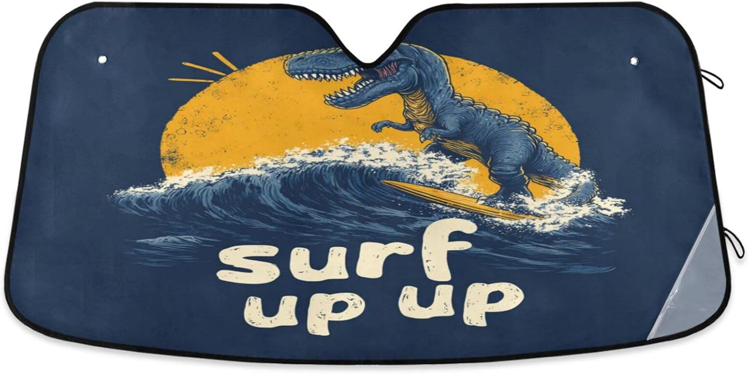 Car Windshield Sun Shade T-rex Surfing on The Blue Waves Reflective Sunshade for Ultimate Protection Fits Small Sedans, Mini SUVs, Hatchbacks