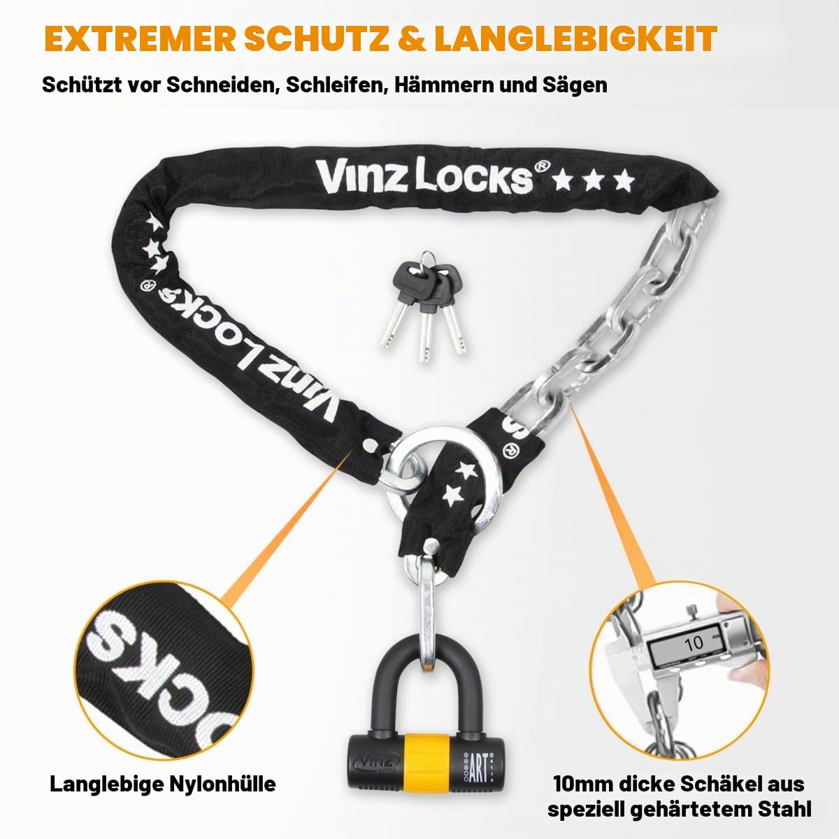 VINZ Kungur Kettenschloss ø10mm | ART 3 Zertifikat | Schloss für Roller Scooter Motorrad Moped E-Bike & hochwertiges Fahrrad | sicheres Rollerschloss Kette Loop U-Lock | 100-300 cm x (300cm)