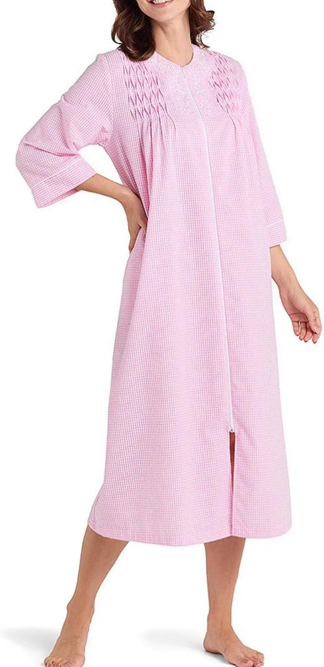 Miss Elaine Women's Long Seersucker Robe, Front Zipper, 3/4 Sleeves, Two Insert Pockets, Sleepwear and Loungewear