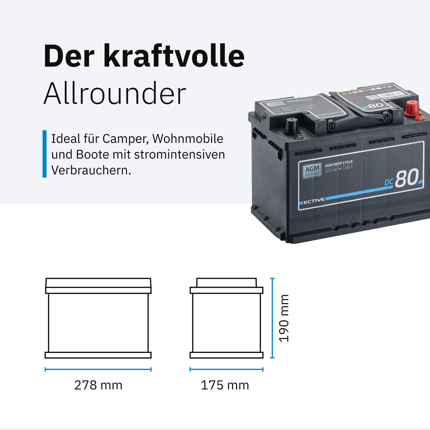 ECTIVE AGM DC80 12V 80Ah, Deep Cycle Versorgungsbatterie wartungsfrei, Van