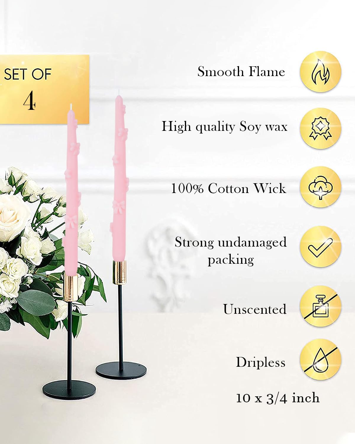 LPUSA Taper Candle Pink Candlestick Bow Soy Candles Unscented Wedding Party Wax Unscented Dinner Candle Dripless,10 inch,Set of 4,J1
