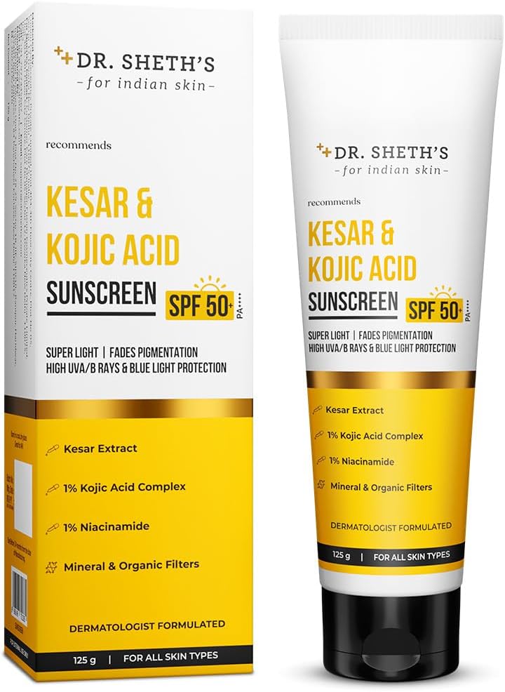 Dr. Sheth’s Kesar & Kojic Acid Sunscreen | SPF 50+ PA++++ | Pigmentation-Free Skin | High UVA/B, Blue Light Protection | No White Cast & Lightweight | Non Sticky | All Skin Types |For Men & Women|125g