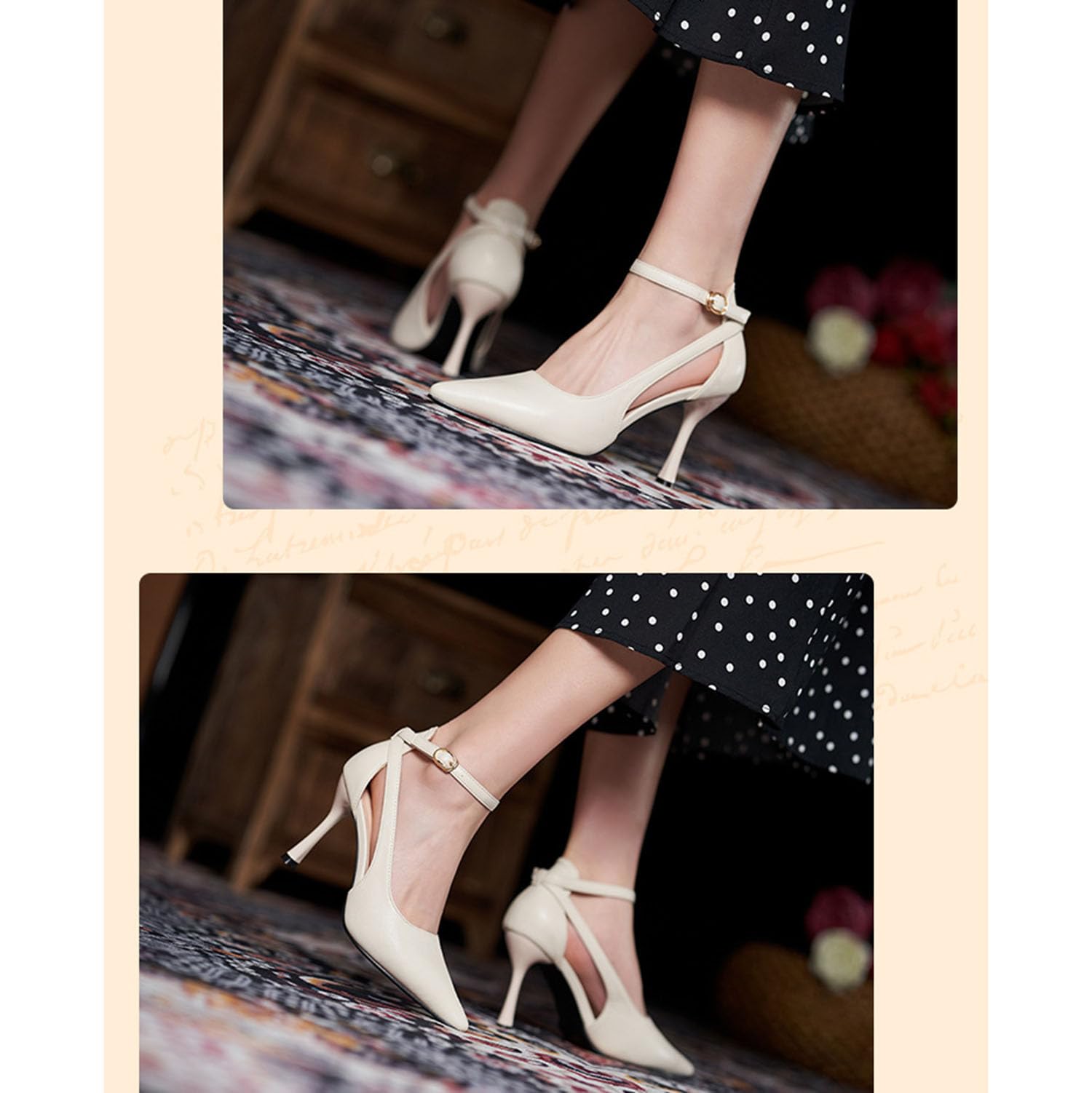 Scarpe col Tacco Classiche a Punta per Donna, alla Moda, con Tacco a Spillo, con Cinturino alla Caviglia, in Pelle PU, da Lavoro e da Ufficio.