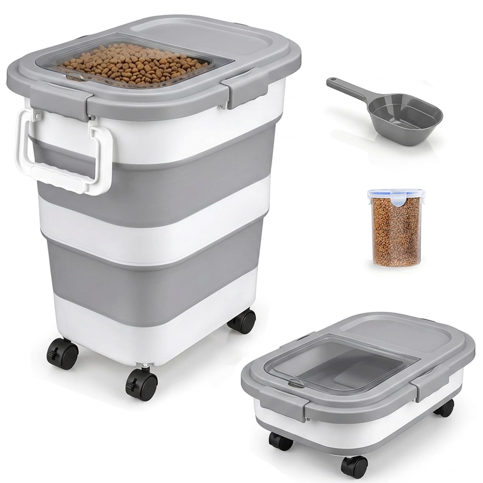 FUSHITON Gran Contenedor de Comida para Perros Plegable con Ruedas 24L/17,5kg – Recipiente Hermético para Pienso con Clip y Junta de Silicona, Incl. Pala + Taza Medidora 1000ml, Plegable Gris