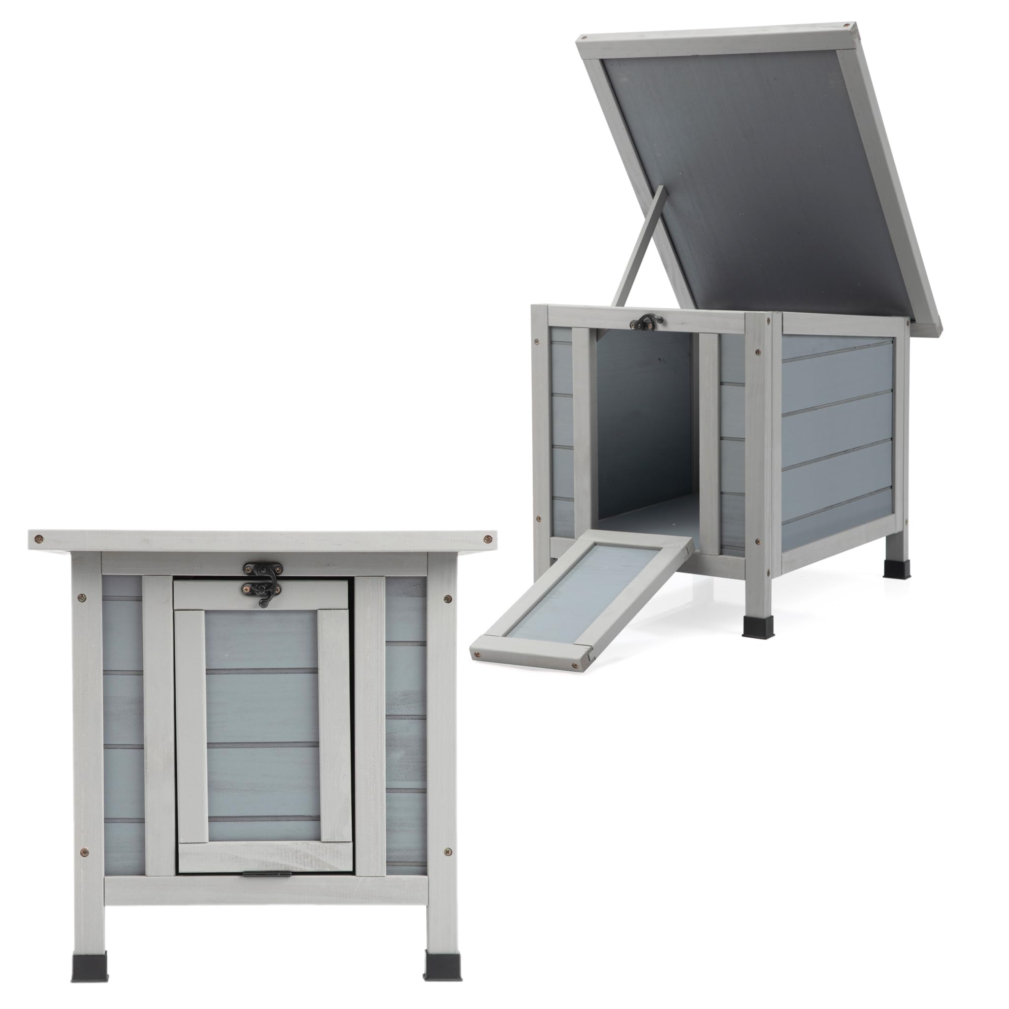 Hasenhaus Outdoor Winterfest aus Holz mit Rampe & Klappdach – Kaninchenhaus für draußen, Kleintierhaus für Kaninchen, Meerschweinchen, Igel, Enten – Grau 51x40x43cm