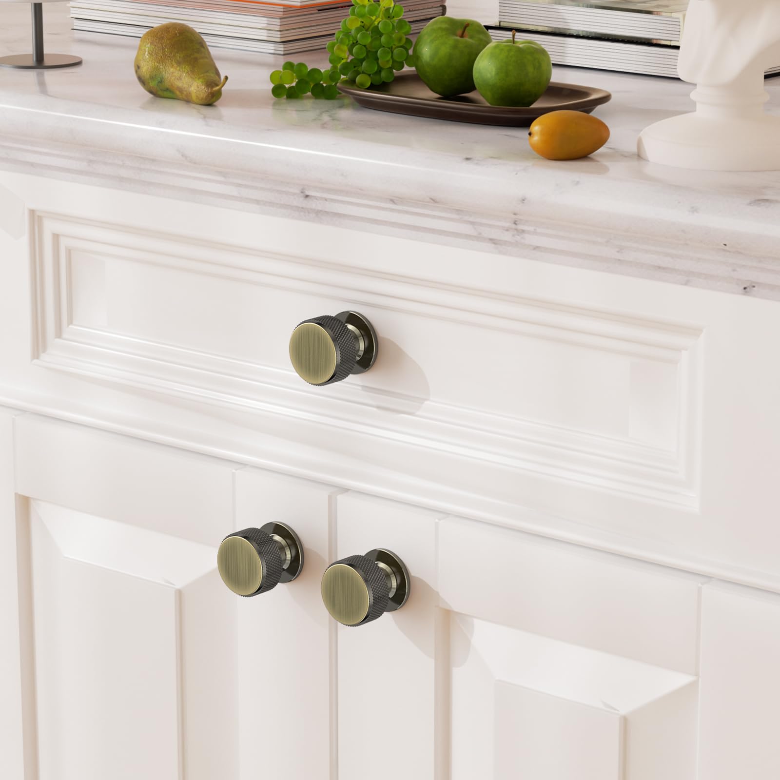 FURNIWARE Pack of 5 Knurled Cabinet Knobs, Shiny Antique Brass Cabinet Knobs, Solid Cupboard Handles with 2 Sizes Screws - Image 2