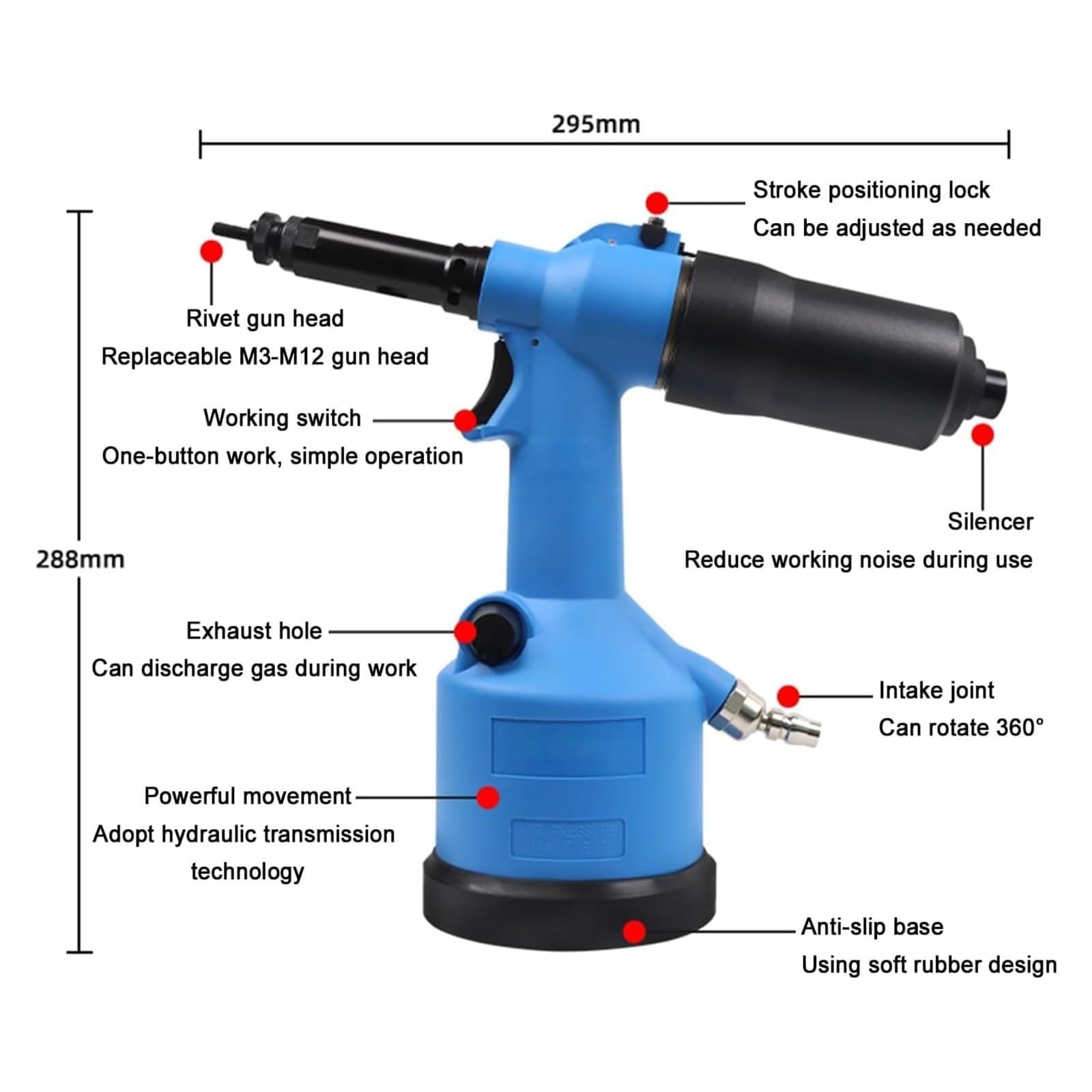 Juego de remachadora hidráulica neumática, pistola remachadora industrial con un solo clic, carrera de 7 mm, para construcción y fabricación de maquinaria