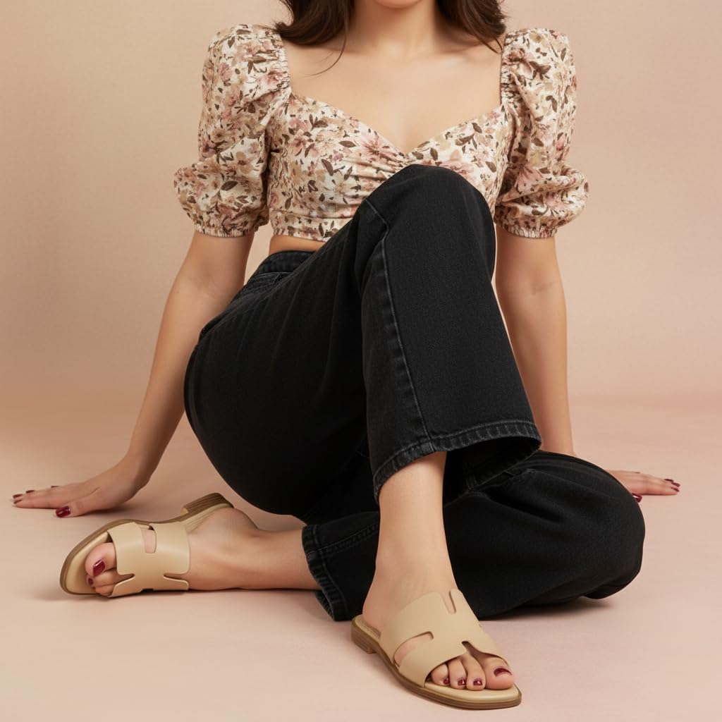 CUSHIONAIRE Voyage Cutout Strap Slides for Women, Slip On Summer Flats, Trendy Footwear, Memory Foam Vegan Leather Comfortable Vacation Style Sandals
