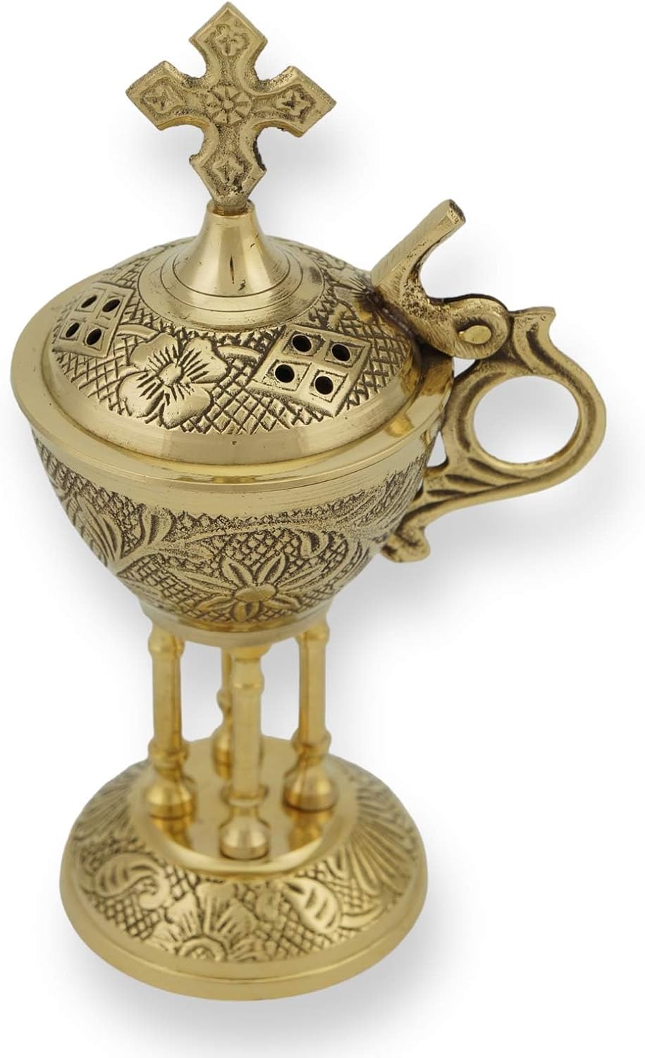 Orthodox Brass Incense Burner - Ornate Christian Censer with Cross for Home or Church Use, 6.3 inch