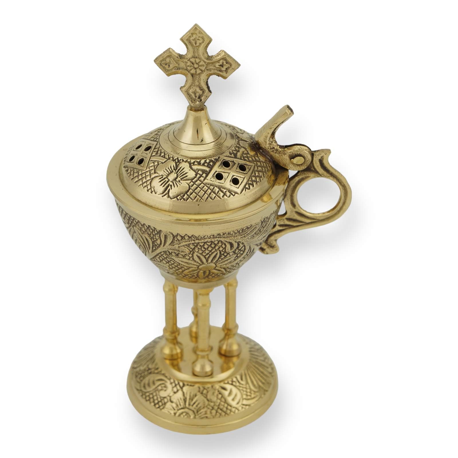 Bruciatore di incenso ortodosso in ottone – Incensiere cristiano ornato con croce per uso domestico o chiesa, 16 cm