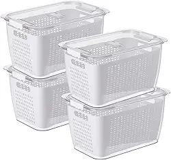 Recipientes Organizadores de Geladeira com Escorredor Removível – Potes Herméticos para Frutas, Legumes e Carnes – Livre de BPA, Empilháveis, Laváveis na Lava-Louças (Kit 4)