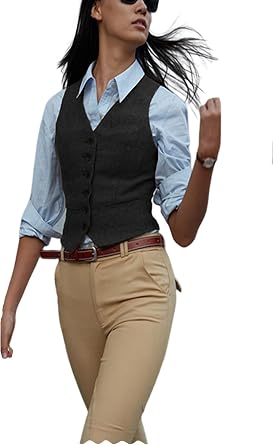 Womens Herringbone Tweed Suit Vest Casual Slim Fit V-Neck Waistcoat