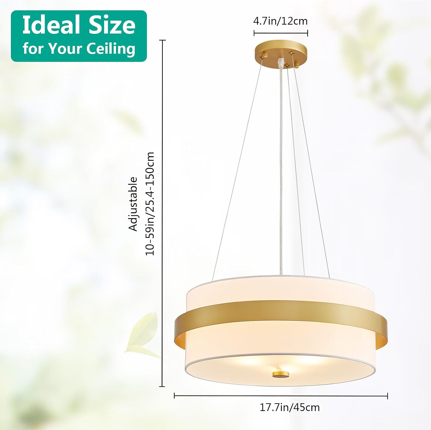 D118inch Modern Drum Chandeliers, 3-Light, Bright White Fabric Shade with Gold Finish Belt, D18*H10~59 inch (Height Adjustable), for Living Room & Dining Room