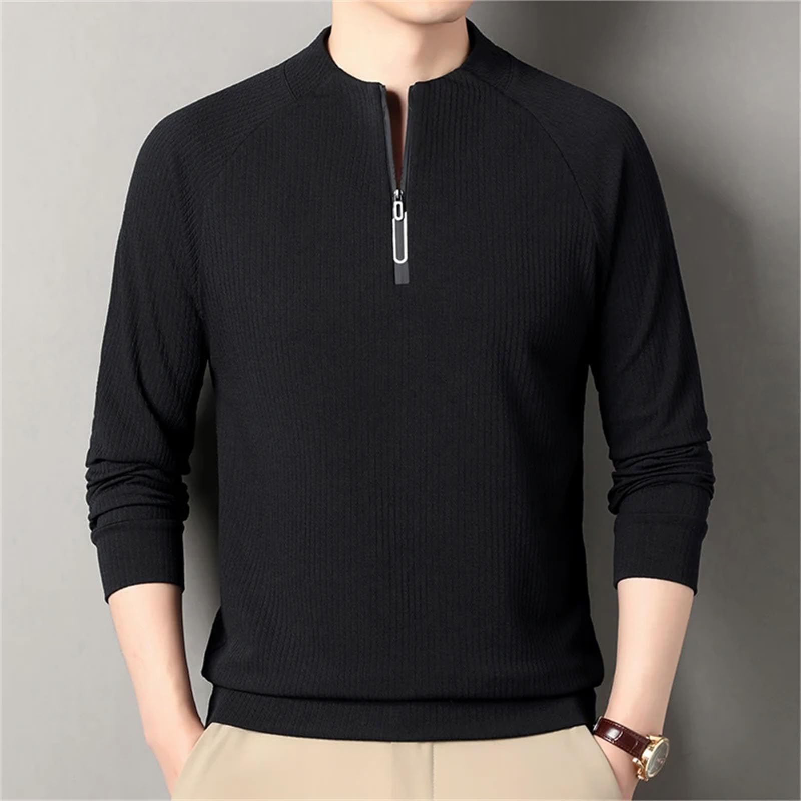 T-shirt da uomo con colletto rialzato, mezza zip, leggera, traspirante, a maniche lunghe, casual, alla moda, vestibilità larga