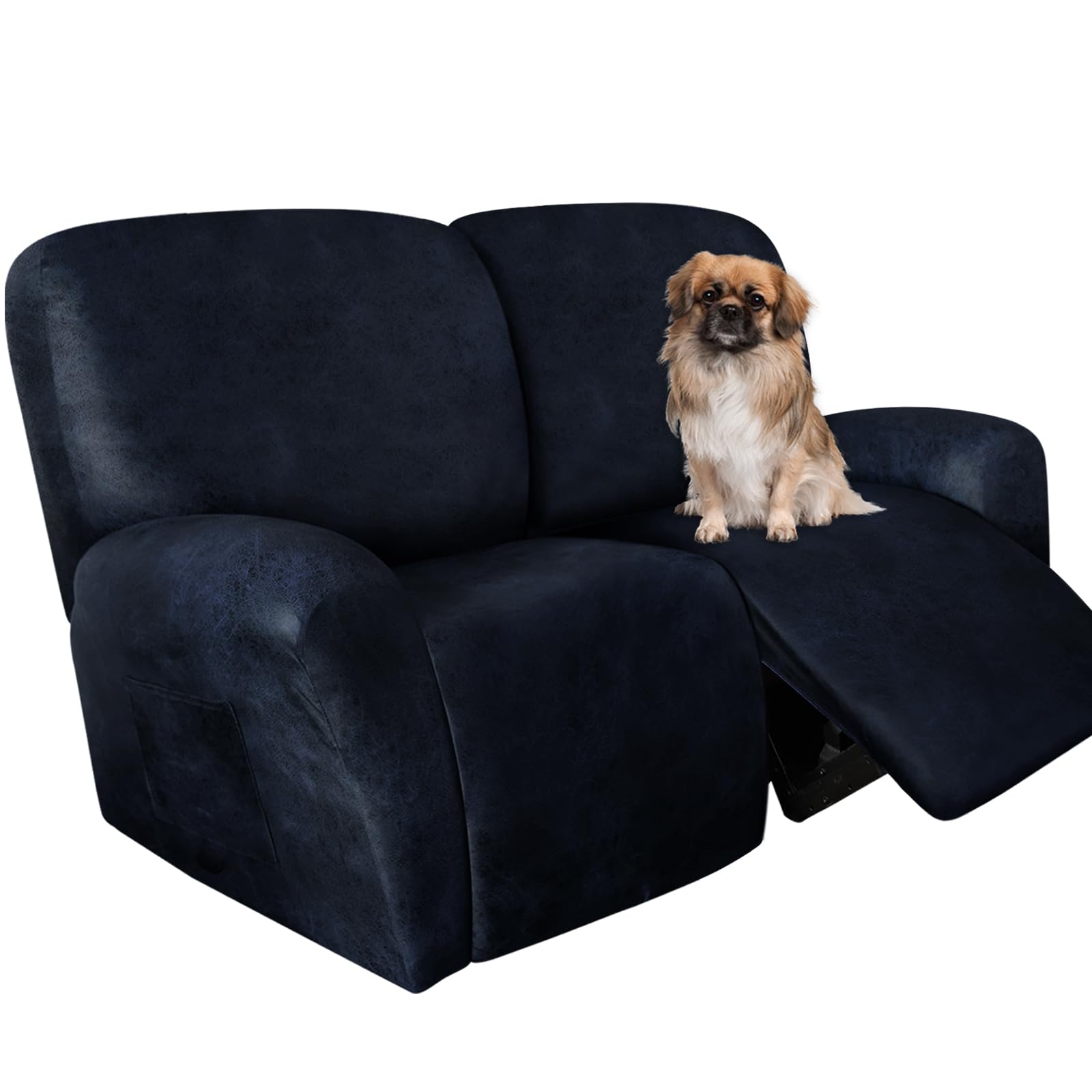 ANARACHON Loveseat Recliner Cover Leather Look Recliner Loveseat Covers Recliner Sofa Cover for 2 Seater Reclining Couch Spandex Fabric Washable 6 Pieces (2 Seater, 02 Navy)