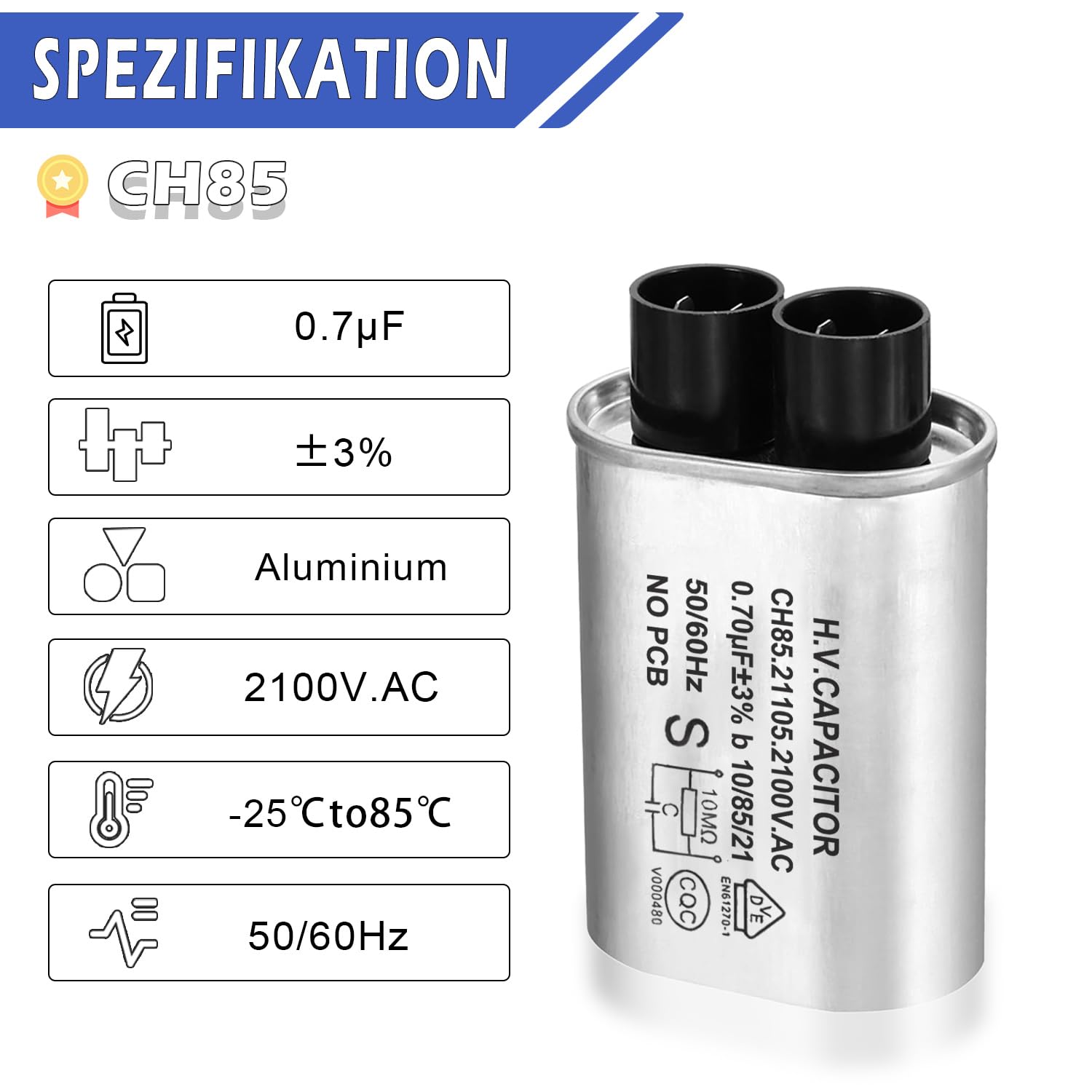 Condensatore HV Per Microonde 0,90 UF - Ricambio Universale Per Forni Domestici | CH85 2100V AC - Foto 9