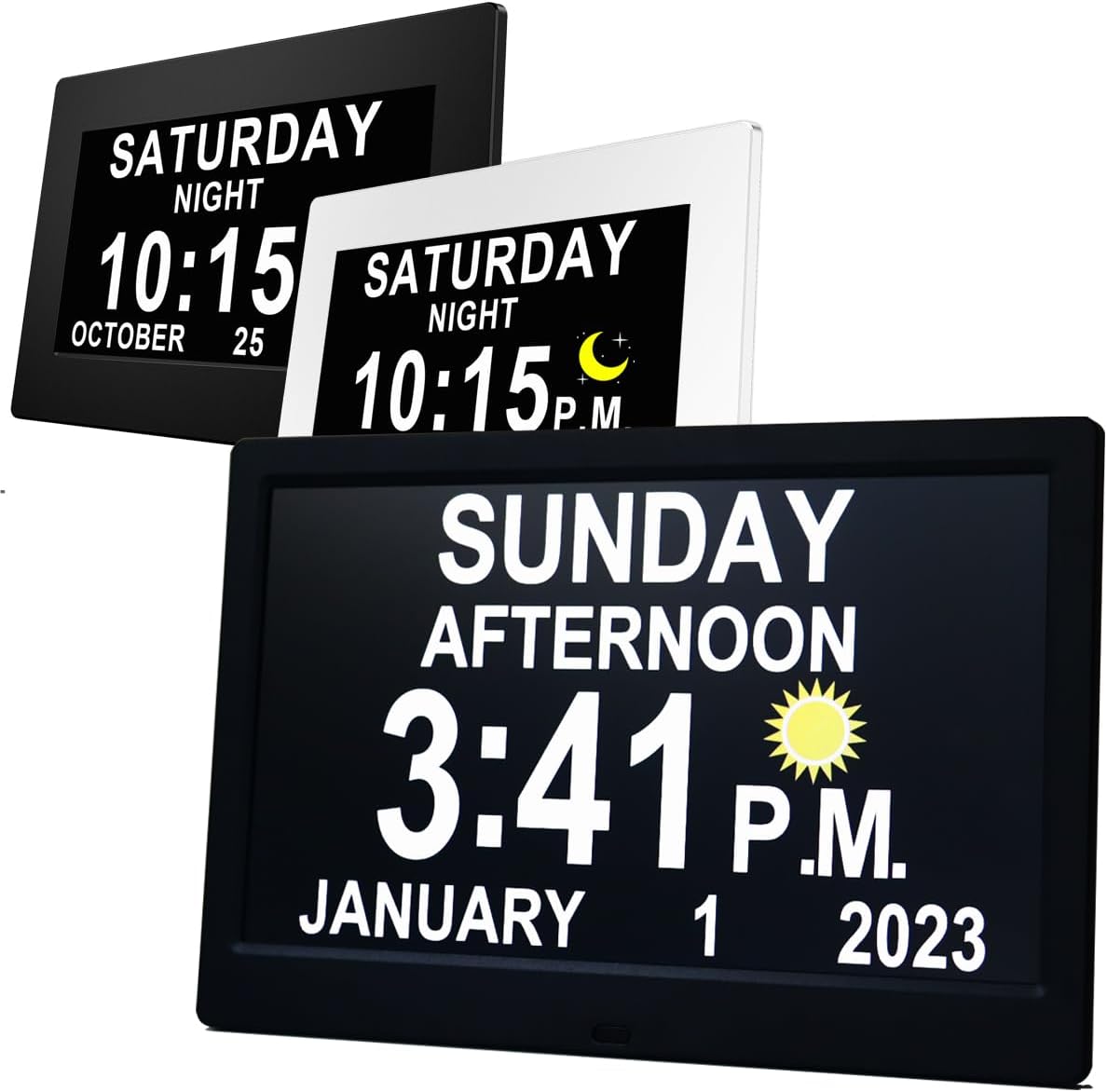 MASSII 11.5" Black+ 7" Black +7" White Digital Clock with Auto DST and 20 Alarms Custom Reminders, Non-Abbreviated Calendar Day Date Clock for Seniors Dementia Alzheimers'