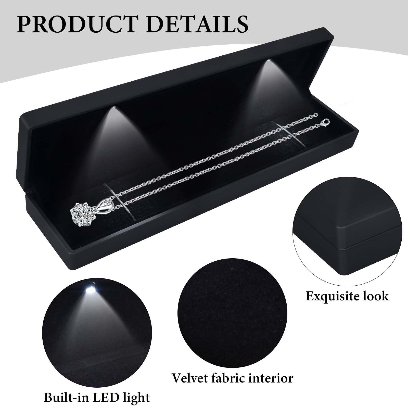 Caja de Regalo de Joyería con Luz LED, Estuche para Colgante/Pulsera/Collar con Luz LED, Joyero de Terciopelo, Estuche de Exhibición de Joyería, para Propuesta Compromiso Boda, 23*5.5*3.5cm, Negro