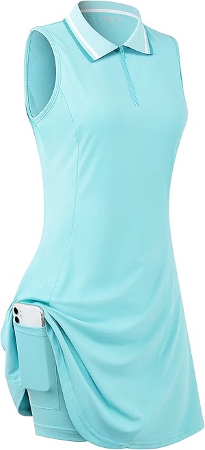  Ärmelloses Golfkleid für Damen. Mit Innenshorts und Taschen, V-Ausschnitt mit Reißverschluss, Polokragen in Kontrastfarbe, A-Linien-Schnitt  Innenhose mit 1 Seitentasche.