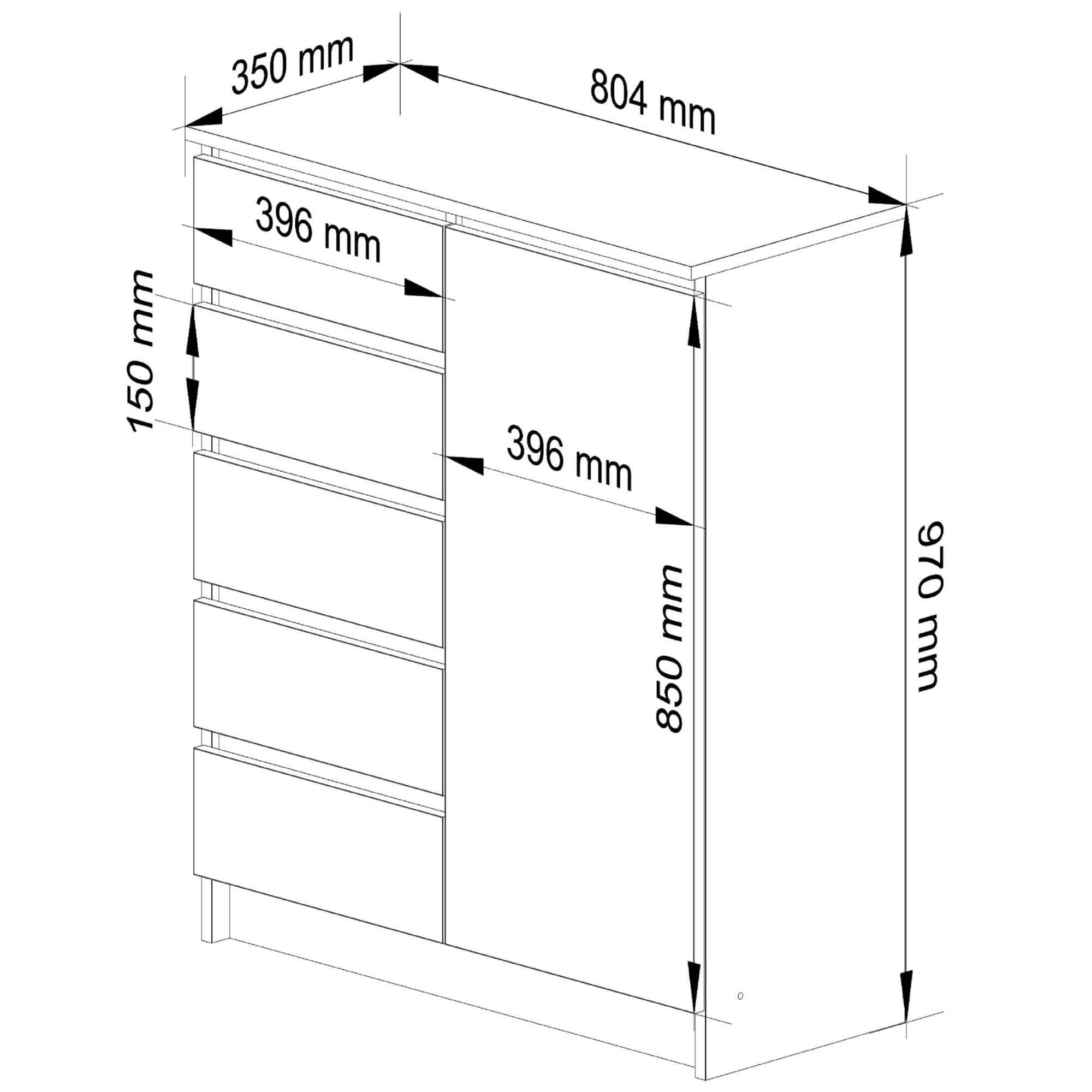 AKORD Kommode K-100 avec 1 Portes et 5 Tiroirs | pour Le Salon Chambre à Coucher | Moderne | Plateau Laminé 16mm | 80 x 35 x 97 cm | Blanc & Blanc