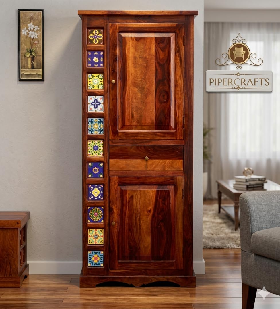 PIPERCRAFTS Solid Sheesam Wood Wardrobe/Almirah for Clothes Organizer in Honey Oak Finish for Living and Bed Room (69 x 30 x 19) Inches-picture-15